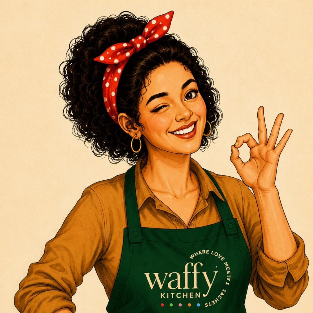 The Waffy Kitchen mascot in a green Waffy apron and red polka-dot bandana, winking and giving an OK sign