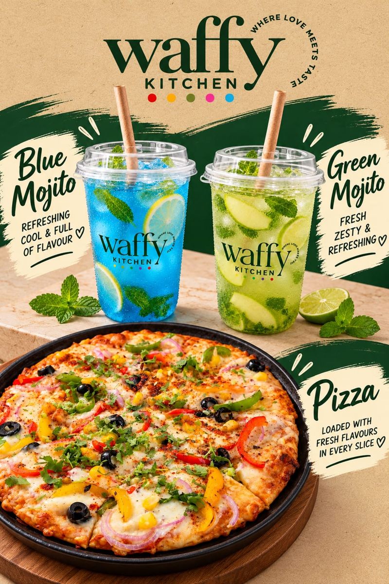 Blue and green mojitos with a veg pizza at Waffy Kitchen