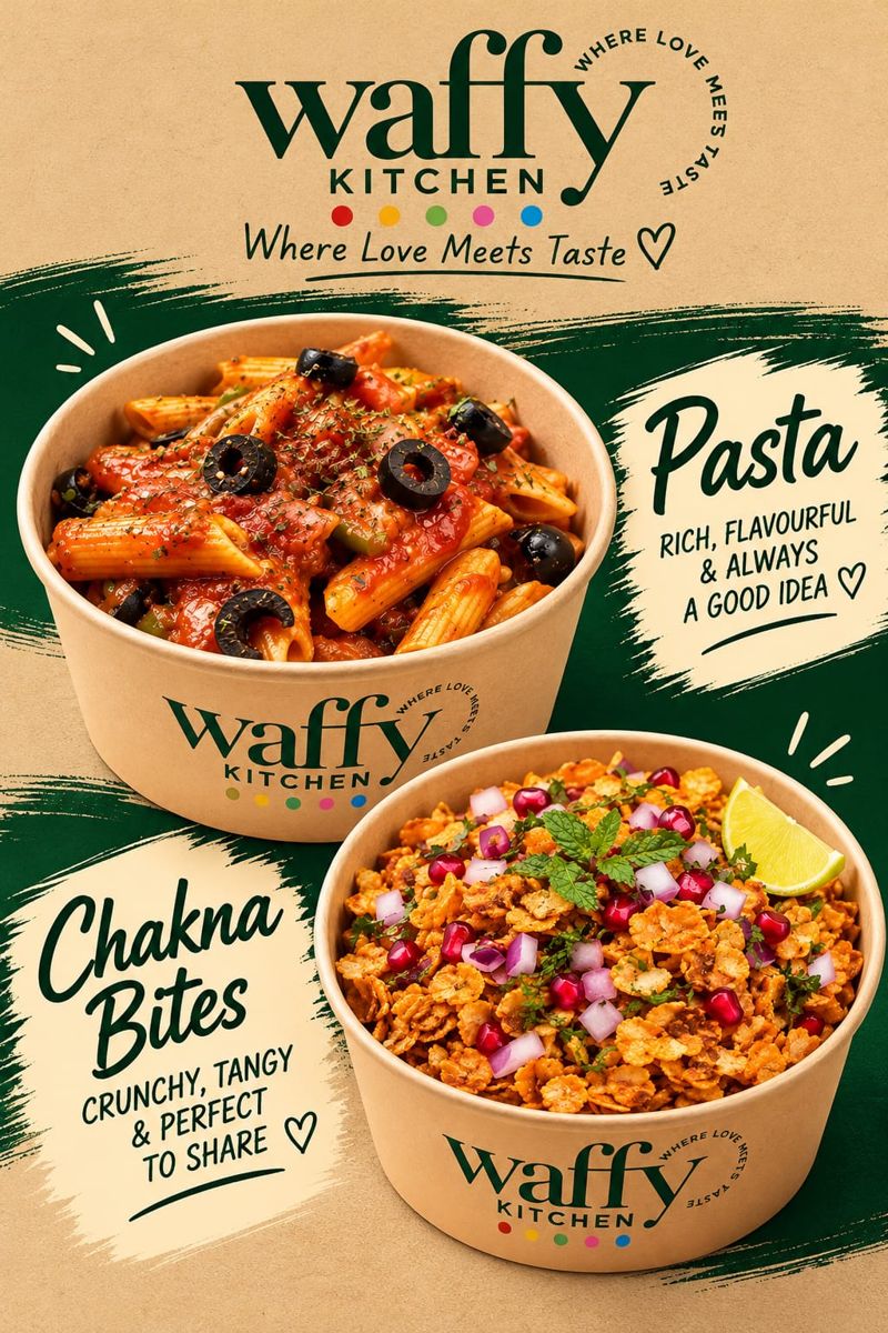 Red sauce pasta and chakna bites at Waffy Kitchen
