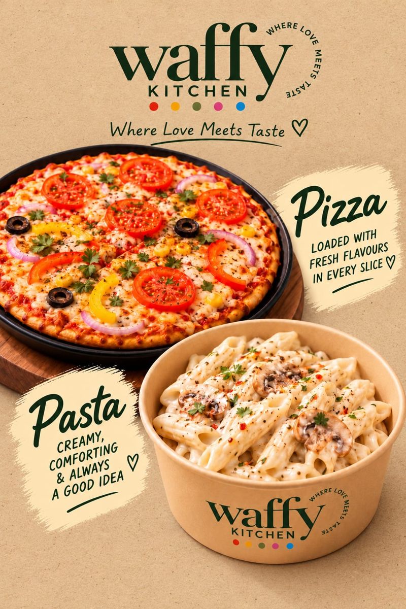 Waffy Kitchen veg pizza and white sauce pasta
