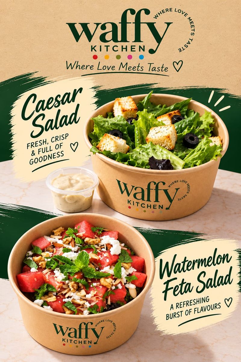 Caesar salad and watermelon feta salad in Waffy Kitchen bowls